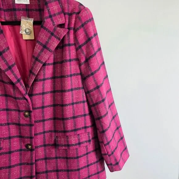 NWT Vestique As If Plaid Fuschia Pink Fall Winter Blazer Coat Jacket Size Large - Picture 7 of 11